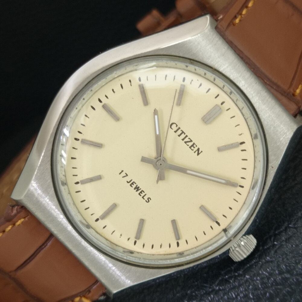 Vintage 1990 Citizen Manual Wound Mens Silver Watch & Beige accents